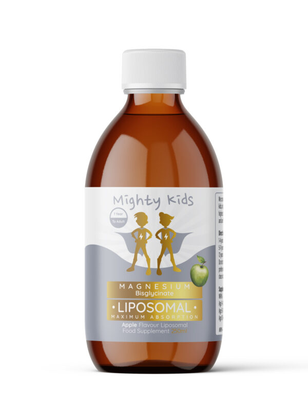 Front of Mighty Kids Liposomal Magnesium bottle - Apple Flavour