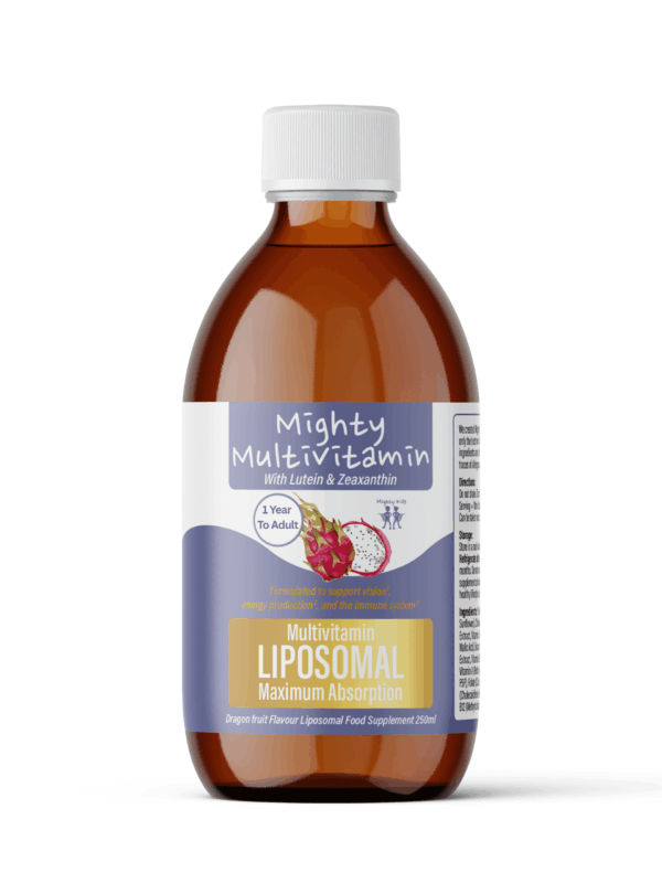 Mighty Kids Liposomal Multivitamin with Lutein and Zeaxanthin in dragon fruit flavour.